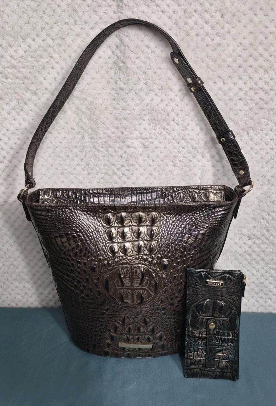 Brahmin Croc Embossed Shoulder Bag Brown Leather Purse + Zip Wallet Card Case